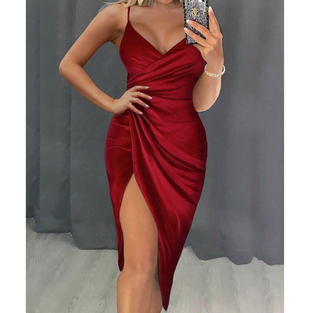 Ruched High Slit Wrap Dress